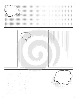 Black and white comic book template with halftone effects and speech bubbles