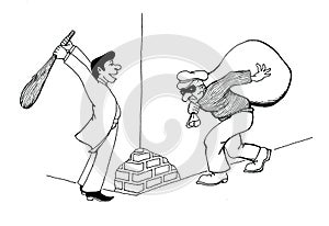 Black and white comic cartoon. Hand drawing of burglar robbed another burglar