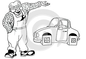 Black and white comic cartoon. Hand drawing of mechanic made square wheels for the car