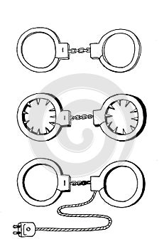 Black and white comic cartoon. Hand drawing of three differet handcuffs - common, with spikes and electrical with electric plug