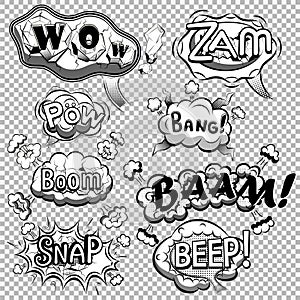 Black and white comic speech bubbles on transparent background vector