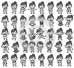Black and White Comic Young Girl Poses - Set of Concepts Vector illustrations