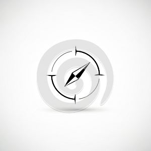 Black and white compass icon on a white background. Circular design with four
