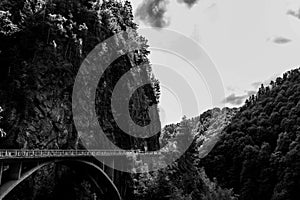 Black and white composition of mountain road passing through forest covered rocky mountain and large forest on Transfagarasan
