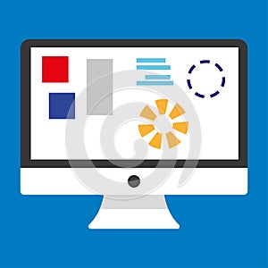 Black and white Computer desktop with graph and figures on blue background. desctop computer with info chart graphics vector eps10