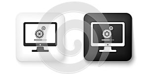 Black and white Computer monitor update process with gear progress and loading bar icon isolated on white background