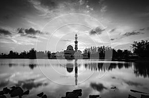 Black and white concept of iconic floating mosque at Terengganu, Malaysia
