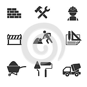 Black and white construction icons collection isolated on white background