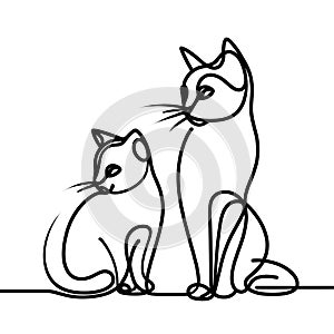 A black and white continuous line drawing of two cats sitting next to each other. One of the cats is larger than the other.