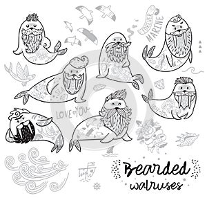 Black and white contour hipster walruses with beards and tattoos in cartoon style. Vector illustration