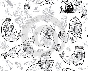 Black and white contour seamless pattern with hipster walruses with beards and tattoos in cartoon style.