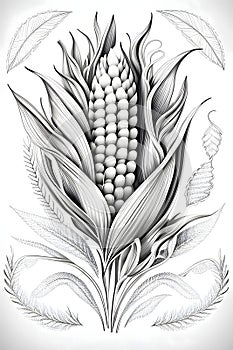 Black and White corn cob with a leaf on the stalk. Corn as a dish of thanksgiving for the harvest, picture on a white isolated