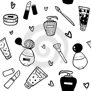 Black and white cosmetics, perfume and makeup seamless pattern