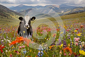 A black and white cow in a field of wildflowers, mountain landscape in background