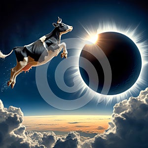 Black and white cow jumping in the sky with moon