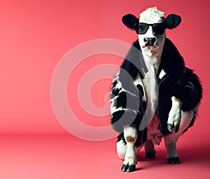 Black white Cow in luxury wealthy fancy chic luxurious impeccable fur leather fabrics outfits isolated on bright background