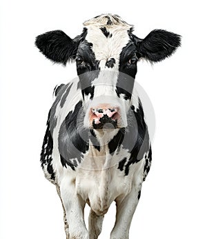 A black and white cow stands on a white background, looking at the camera