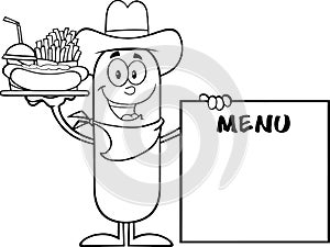 Black And White Cowboy  Sausage Carrying A Hot Dog, French Fries And Cola Next To Menu Board