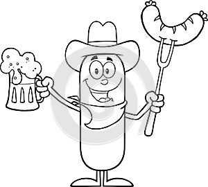 Black And White Cowboy Sausage Cartoon Character Holding A Beer And Weenie On A Fork