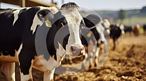 Black and white cows with numbers eating grass in stalls and young farm workers standing and communicating at background.