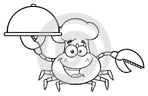 Black And White Crab Chef Cartoon Mascot Character Holding A Platter