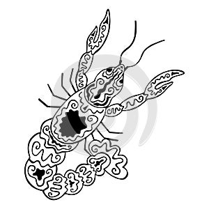 Black and white crayfish with ethnic patterns. Isolated hand drawn Astacidae of the crustacean family. Cancer zodiac symbol. Crab