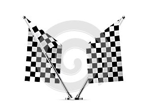 Black and white crossed race flags, 3D checkered flags on metal pole for start and finish