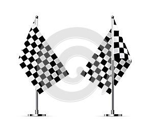 Black and white crossed race flags vector illustration. 3D realistic checkered flags on metal poles for start and finish