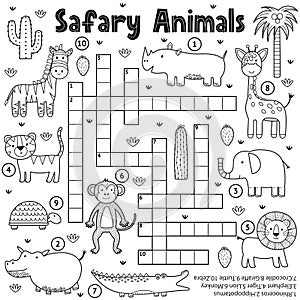 Black and white crossword game for kids with safari animals