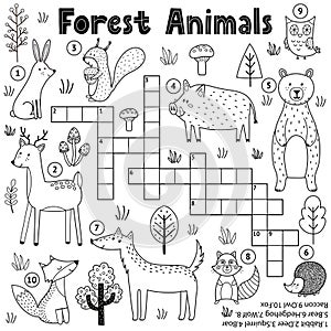 Black and white crossword for kids with forest animals. Woodland coloring page