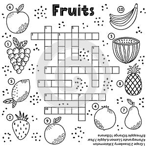 Black and white crossword puzzle game with fruits for kids