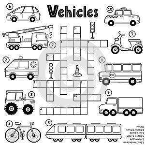 Black and white crossword puzzle game for kids about transport