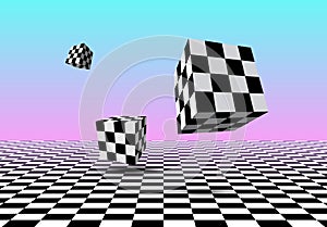 Black and white cubes flying over checkered floor with pink and blue gradient background in vaporwave aesthetic photo