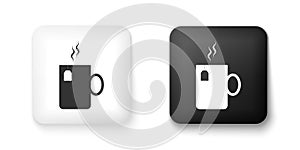 Black and white Cup of tea with tea bag icon isolated on white background. Square button. Vector