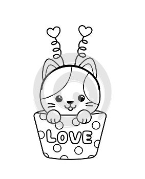 Black and white. Cupcake kitten. Coloring page. Vector