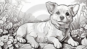 Black and white A cute Dog illustration front facing white background.