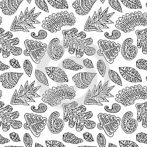 Black and white cute pattern with hand drawn leafs elem