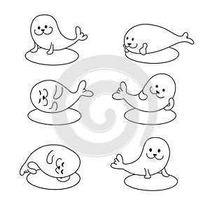 Sleeping and resting seals on rocks collection. Vector illustration set.