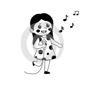 Black and white Cute teen girl cartoon character singing song, flat vector illustration