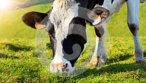 Black and White Dairy Cow Eating Green Grass on a Meadow - Generative Ai