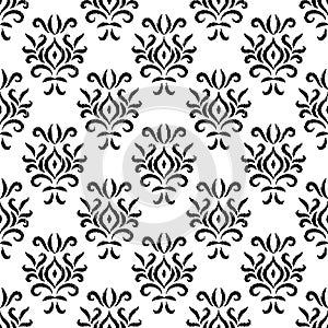 Black and white damask ikat ornament geometric floral seamless pattern, vector