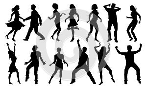 Black and white dancing silhouettes, vector set