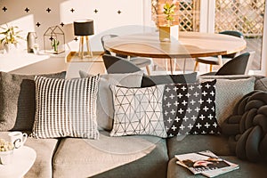Black and white decorative pillows on a gray sofa in a sunlit li