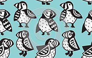 Black and white decorative Puffins seamless pattern