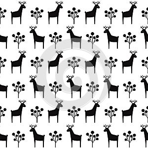 Black and white deer with berry seamless pattern.