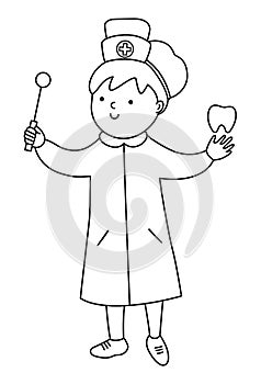 Black and white dentist woman illustration. Cute outline teeth doctor with tooth and mirror. Mouth hygiene line icon for kids.