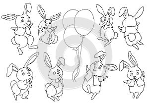 Black and white design doodle set with cheerful and happy funny rabbits