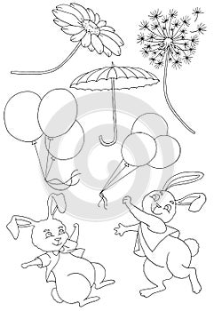 Black and white design doodle set with happy funny rabbits