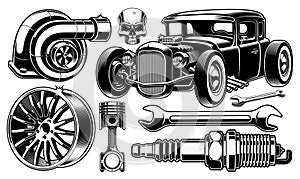 Black and white design elements of car repair.