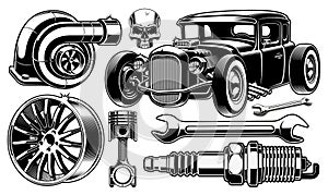 Black and white design elements of car repair. photo